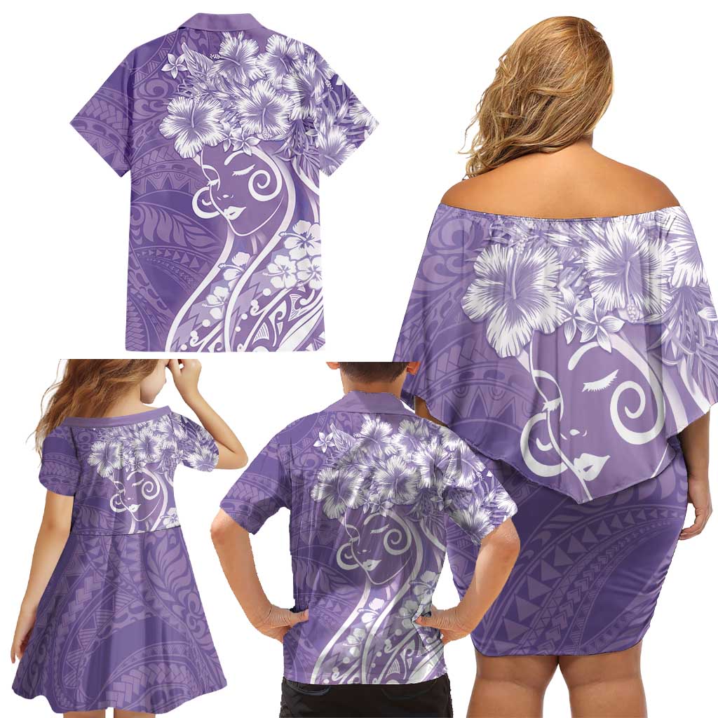 Polynesian Women's Day Family Matching Off Shoulder Short Dress and Hawaiian Shirt Purple Hibiscus Flowers With Polynesian Pattern LT05 - Polynesian Pride
