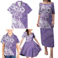Polynesian Women's Day Family Matching Puletasi and Hawaiian Shirt Purple Hibiscus Flowers With Polynesian Pattern