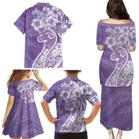 Polynesian Women's Day Family Matching Puletasi and Hawaiian Shirt Purple Hibiscus Flowers With Polynesian Pattern