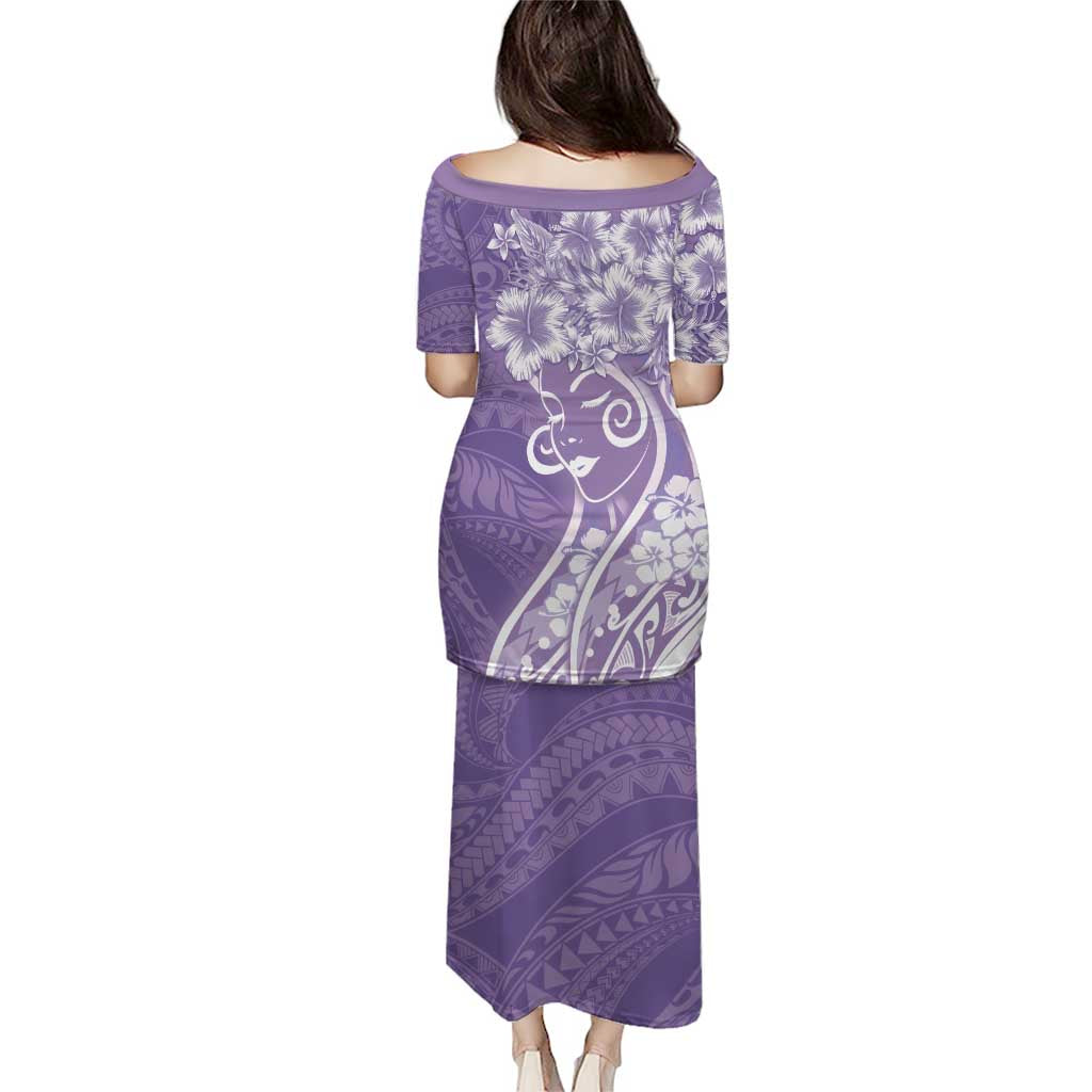 Polynesian Women's Day Family Matching Puletasi and Hawaiian Shirt Purple Hibiscus Flowers With Polynesian Pattern