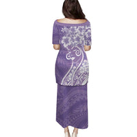 Polynesian Women's Day Family Matching Puletasi and Hawaiian Shirt Purple Hibiscus Flowers With Polynesian Pattern