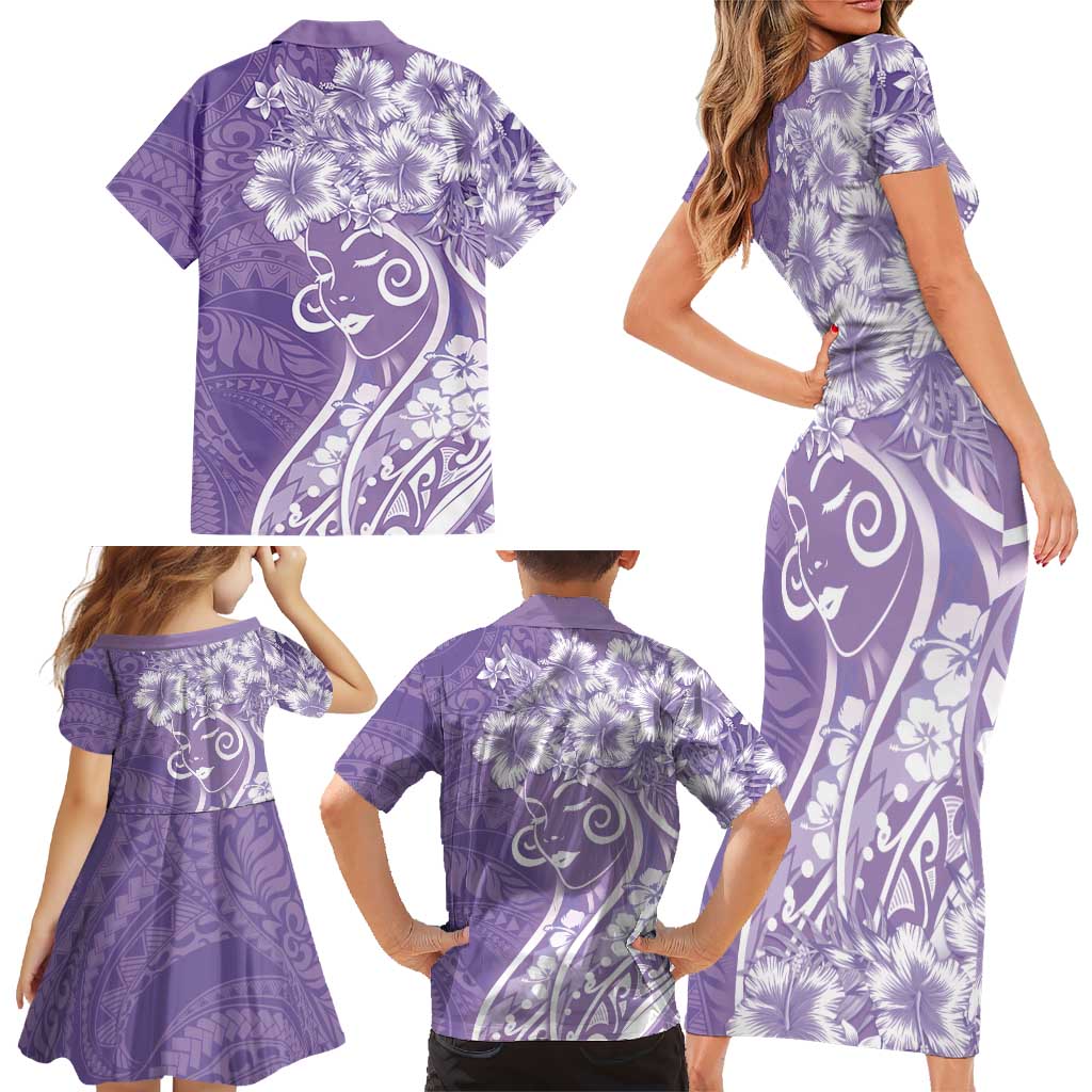 Polynesian Women's Day Family Matching Short Sleeve Bodycon Dress and Hawaiian Shirt Purple Hibiscus Flowers With Polynesian Pattern LT05 - Polynesian Pride