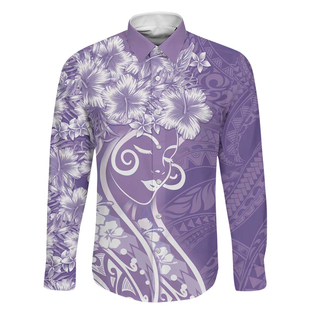Polynesian Women's Day Family Matching Summer Maxi Dress and Hawaiian Shirt Purple Hibiscus Flowers With Polynesian Pattern LT05 Dad's Shirt - Long Sleeve Purple - Polynesian Pride