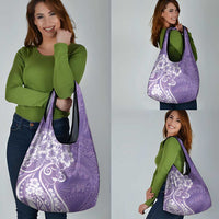 Polynesian Women's Day Grocery Bag Purple Hibiscus Flowers With Polynesian Pattern
