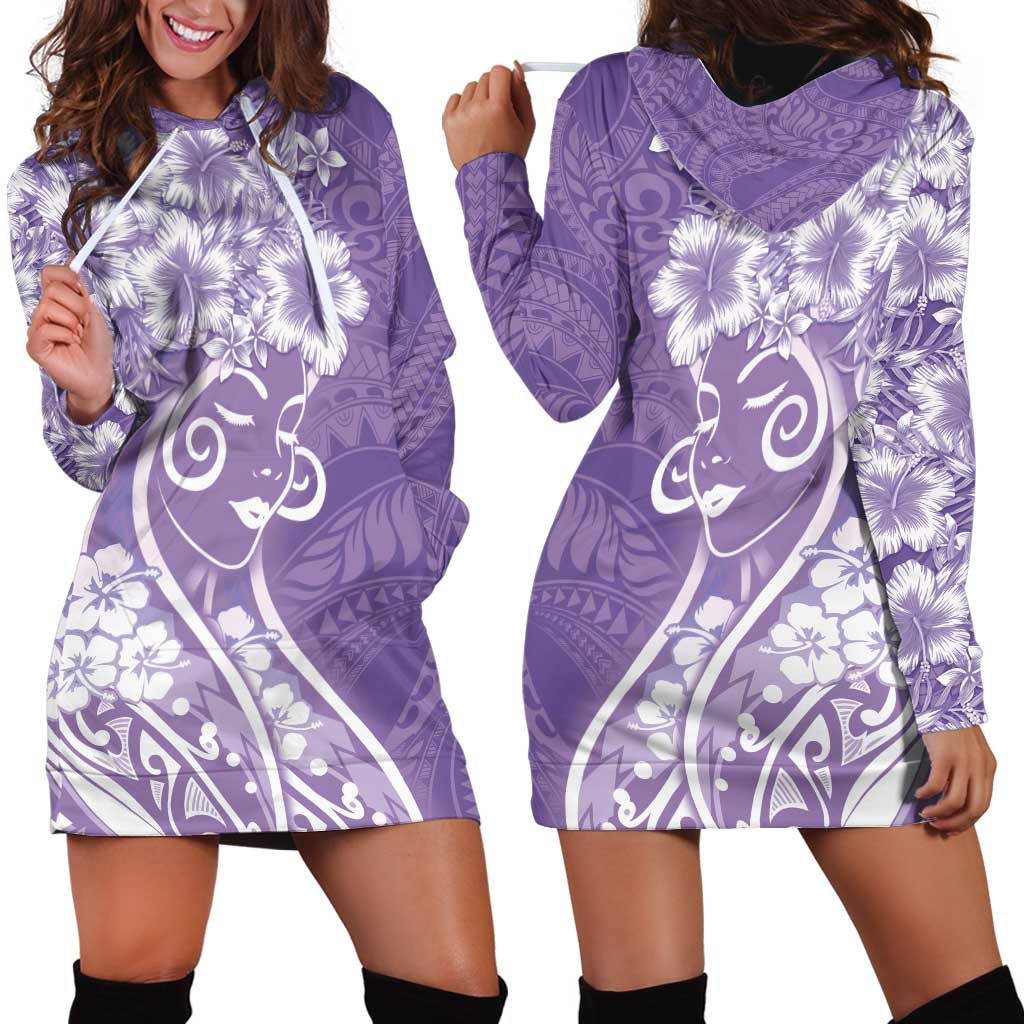 Polynesian Women's Day Hoodie Dress Purple Hibiscus Flowers With Polynesian Pattern