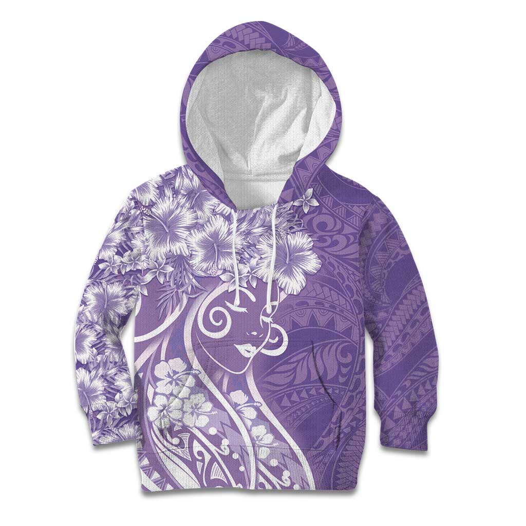 Polynesian Women's Day Kid Hoodie Purple Hibiscus Flowers With Polynesian Pattern