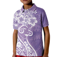 Polynesian Women's Day Kid Polo Shirt Purple Hibiscus Flowers With Polynesian Pattern