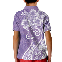Polynesian Women's Day Kid Polo Shirt Purple Hibiscus Flowers With Polynesian Pattern