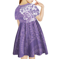 Polynesian Women's Day Kid Short Sleeve Dress Purple Hibiscus Flowers With Polynesian Pattern
