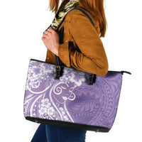 Polynesian Women's Day Leather Tote Bag Purple Hibiscus Flowers With Polynesian Pattern