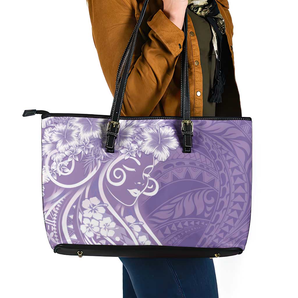 Polynesian Women's Day Leather Tote Bag Purple Hibiscus Flowers With Polynesian Pattern