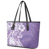 Polynesian Women's Day Leather Tote Bag Purple Hibiscus Flowers With Polynesian Pattern