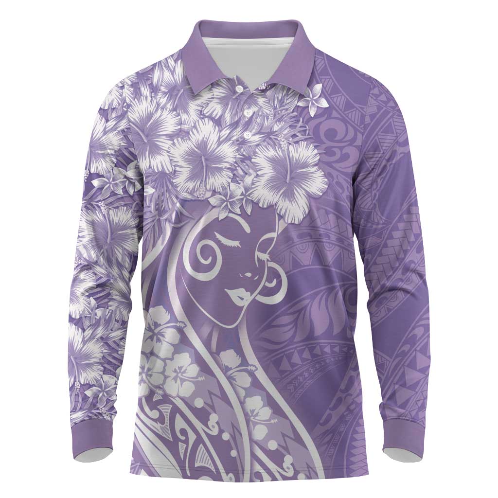 Polynesian Women's Day Long Sleeve Polo Shirt Purple Hibiscus Flowers With Polynesian Pattern