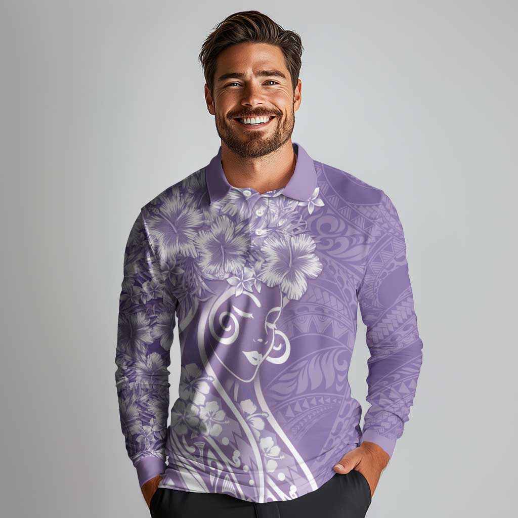 Polynesian Women's Day Long Sleeve Polo Shirt Purple Hibiscus Flowers With Polynesian Pattern