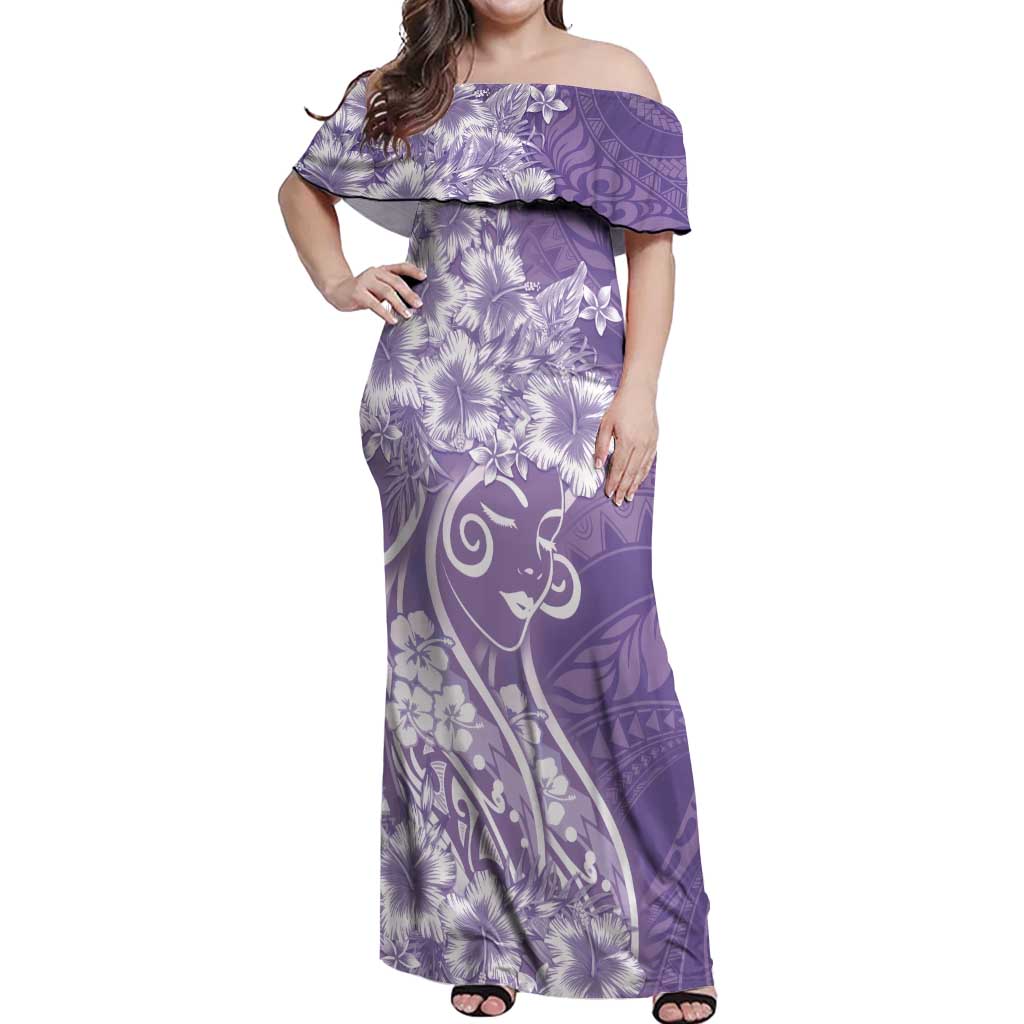 Polynesian Women's Day Off Shoulder Maxi Dress Purple Hibiscus Flowers With Polynesian Pattern
