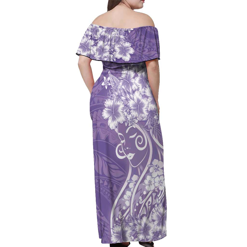 Polynesian Women's Day Off Shoulder Maxi Dress Purple Hibiscus Flowers With Polynesian Pattern