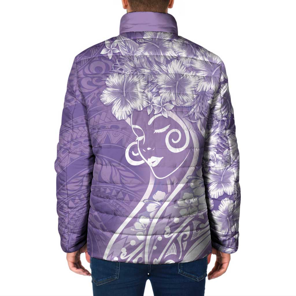 Polynesian Women's Day Padded Jacket Purple Hibiscus Flowers With Polynesian Pattern