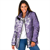 Polynesian Women's Day Padded Jacket Purple Hibiscus Flowers With Polynesian Pattern