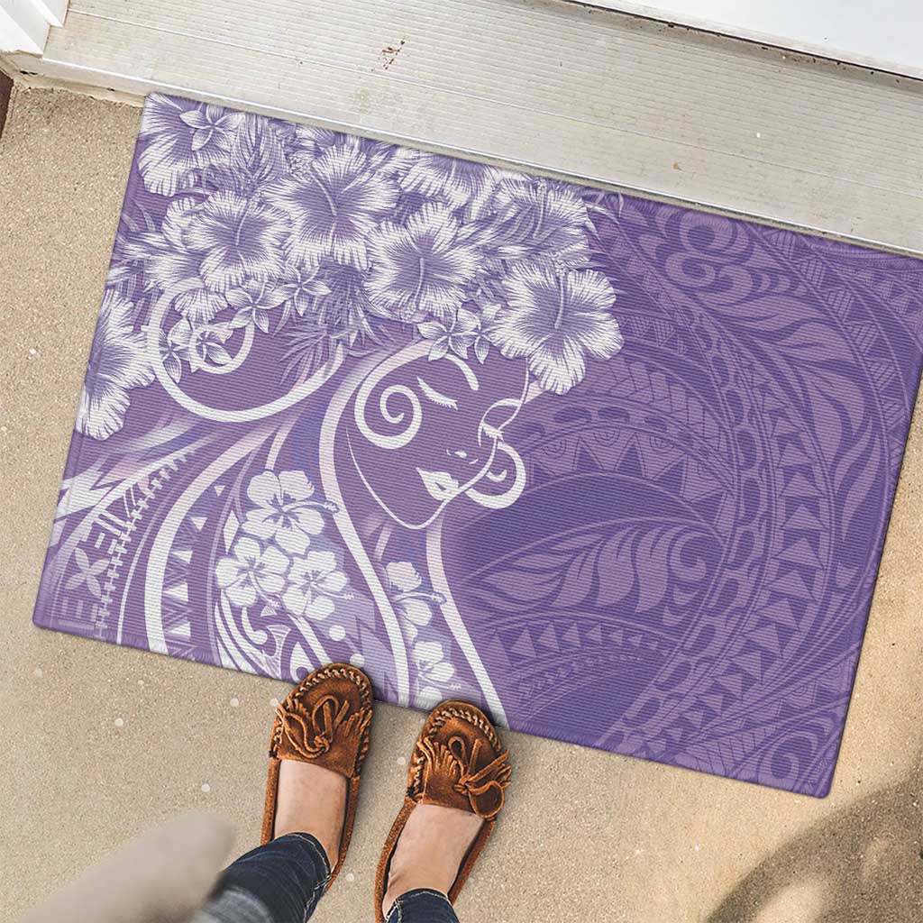 Polynesian Women's Day Rubber Doormat Purple Hibiscus Flowers With Polynesian Pattern