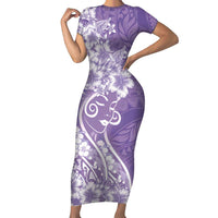 Polynesian Women's Day Short Sleeve Bodycon Dress Purple Hibiscus Flowers With Polynesian Pattern