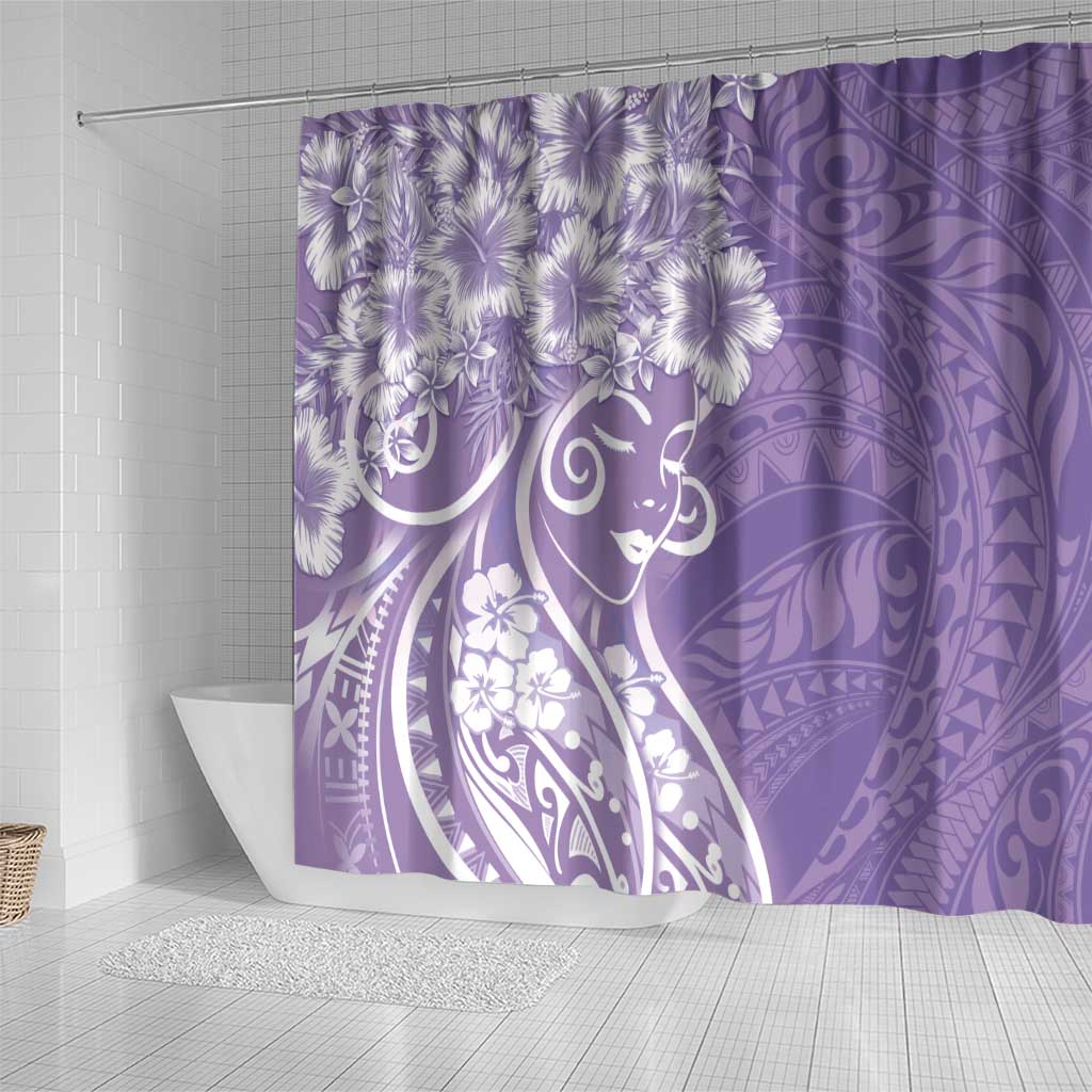 Polynesian Women's Day Shower Curtain Purple Hibiscus Flowers With Polynesian Pattern