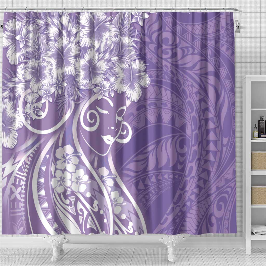 Polynesian Women's Day Shower Curtain Purple Hibiscus Flowers With Polynesian Pattern
