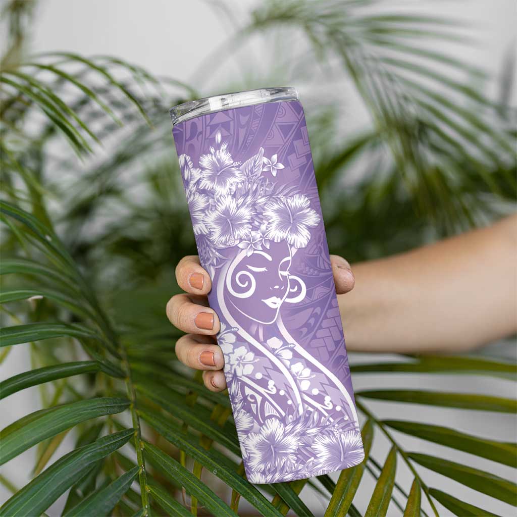 Polynesian Women's Day Skinny Tumbler Purple Hibiscus Flowers With Polynesian Pattern