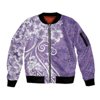 Polynesian Women's Day Sleeve Zip Bomber Jacket Purple Hibiscus Flowers With Polynesian Pattern