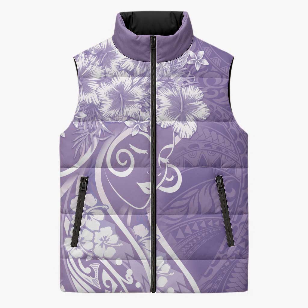 Polynesian Women's Day Sleeveless Puffer Jacket Purple Hibiscus Flowers With Polynesian Pattern