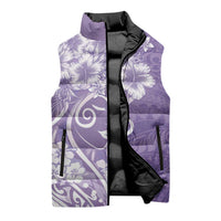 Polynesian Women's Day Sleeveless Puffer Jacket Purple Hibiscus Flowers With Polynesian Pattern