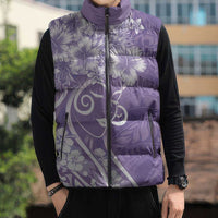 Polynesian Women's Day Sleeveless Puffer Jacket Purple Hibiscus Flowers With Polynesian Pattern
