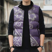 Polynesian Women's Day Sleeveless Puffer Jacket Purple Hibiscus Flowers With Polynesian Pattern