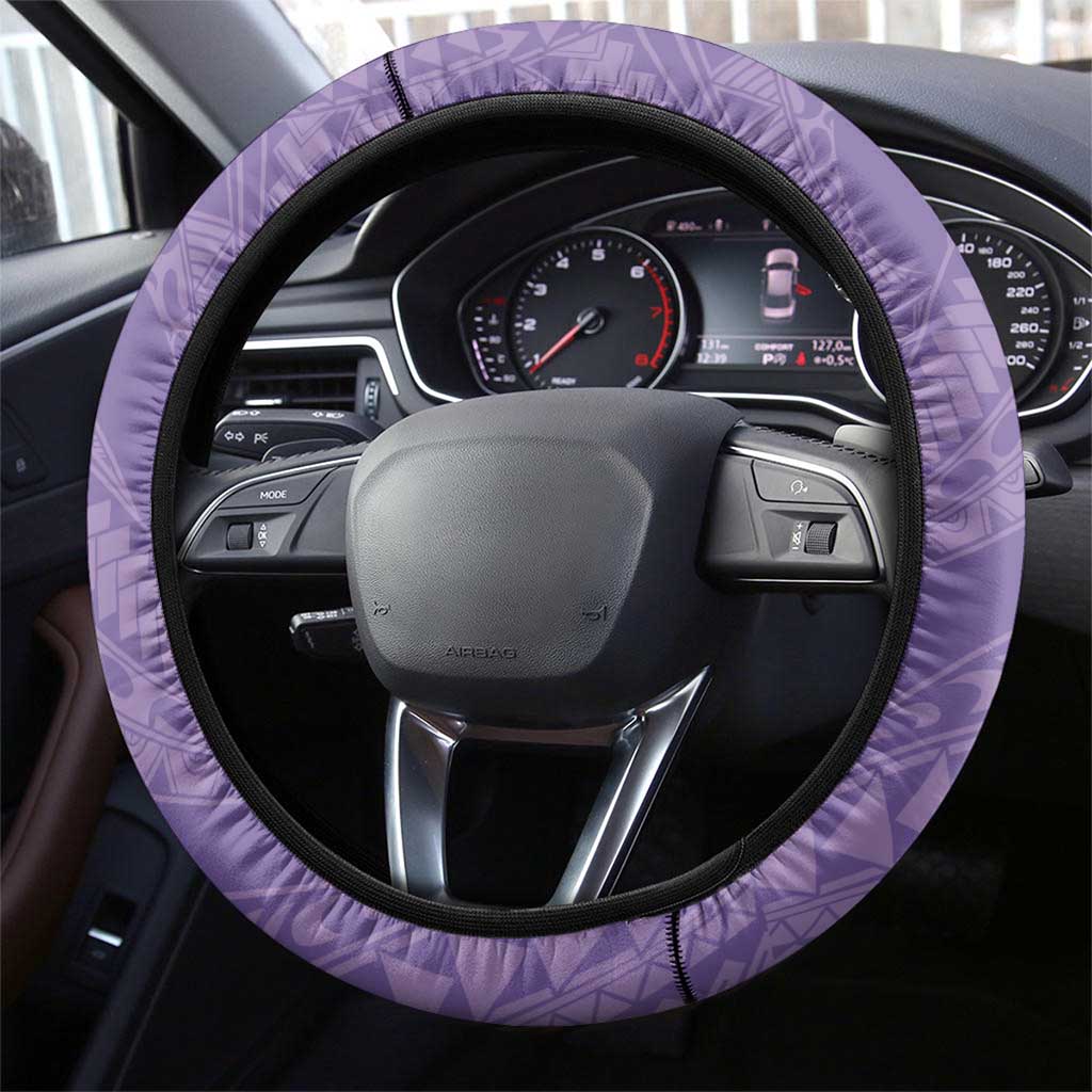 Polynesian Women's Day Steering Wheel Cover Purple Hibiscus Flowers With Polynesian Pattern