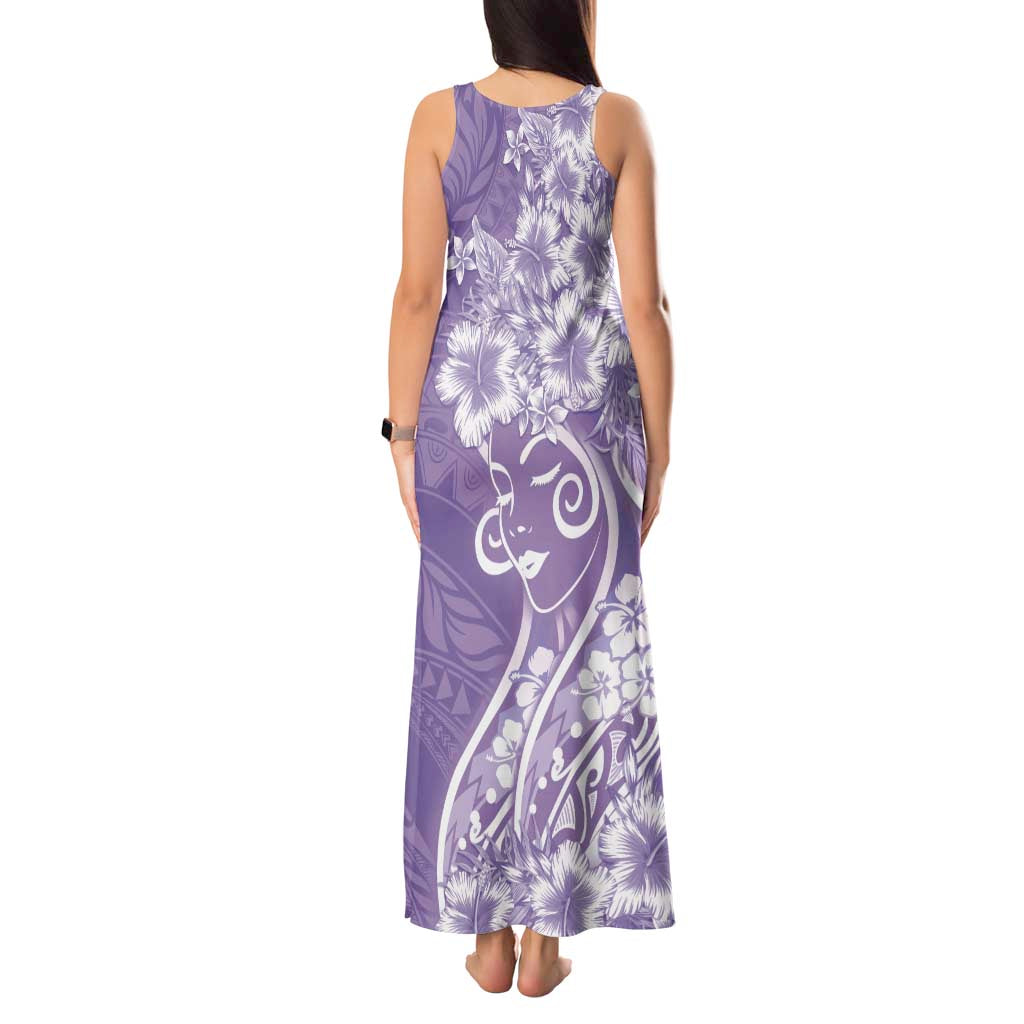 Polynesian Women's Day Tank Maxi Dress Purple Hibiscus Flowers With Polynesian Pattern