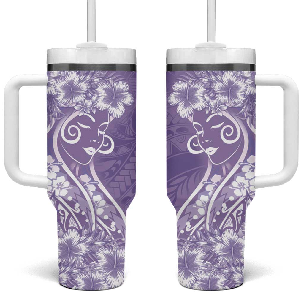 Polynesian Women's Day Tumbler With Handle Purple Hibiscus Flowers With Polynesian Pattern