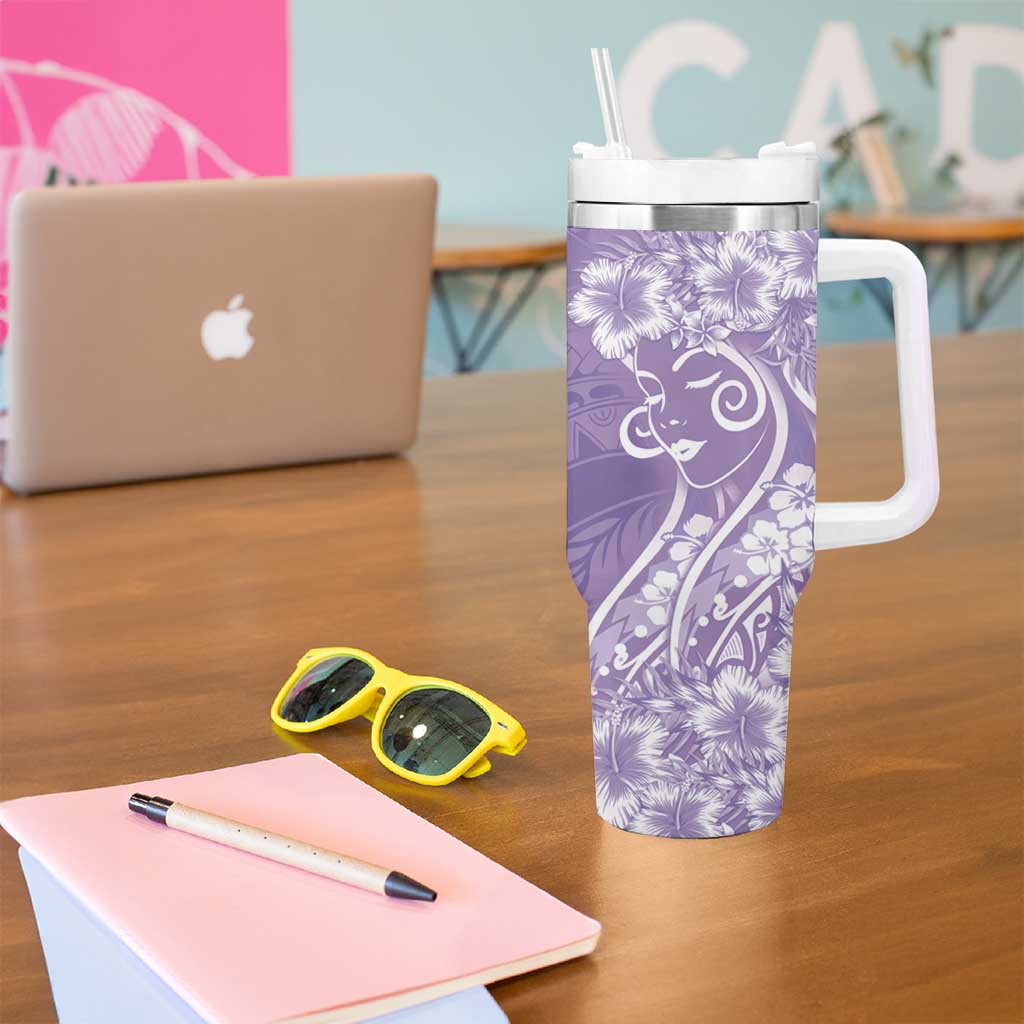 Polynesian Women's Day Tumbler With Handle Purple Hibiscus Flowers With Polynesian Pattern