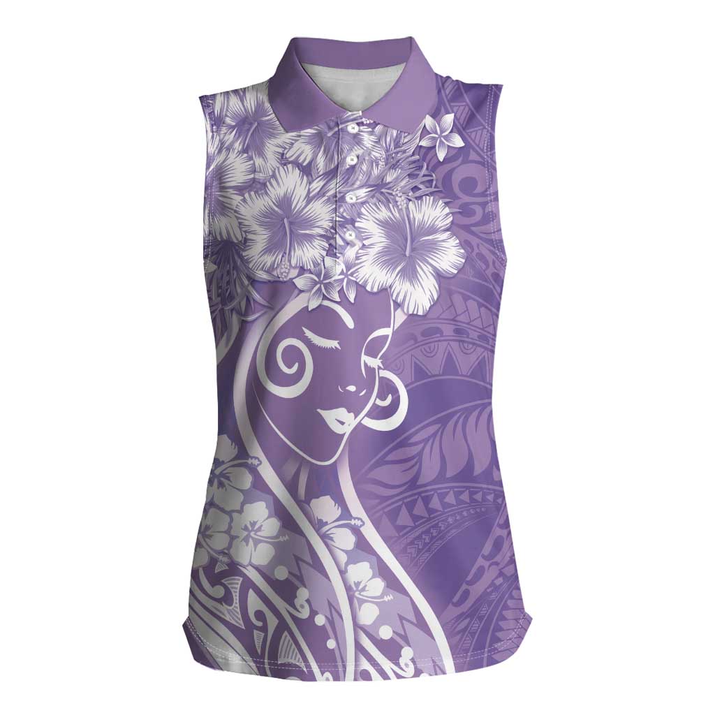 Polynesian Women's Day Women Sleeveless Polo Shirt Purple Hibiscus Flowers With Polynesian Pattern