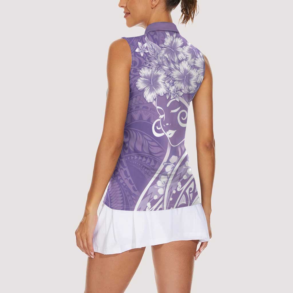 Polynesian Women's Day Women Sleeveless Polo Shirt Purple Hibiscus Flowers With Polynesian Pattern
