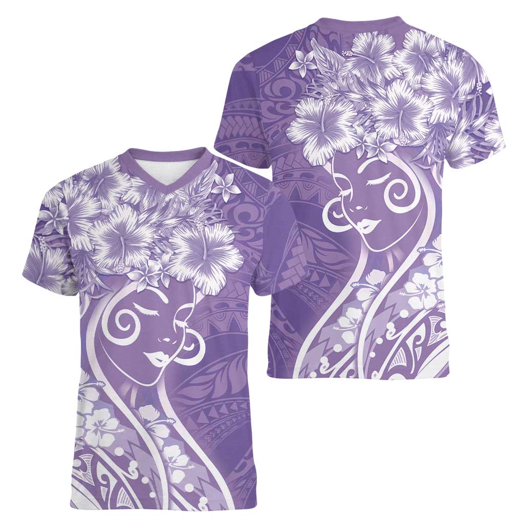 Polynesian Women's Day Women V-Neck T-Shirt Purple Hibiscus Flowers With Polynesian Pattern