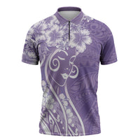 Polynesian Women's Day Zipper Polo Shirt Purple Hibiscus Flowers With Polynesian Pattern
