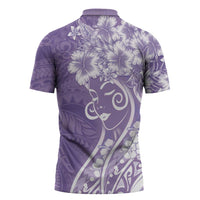 Polynesian Women's Day Zipper Polo Shirt Purple Hibiscus Flowers With Polynesian Pattern
