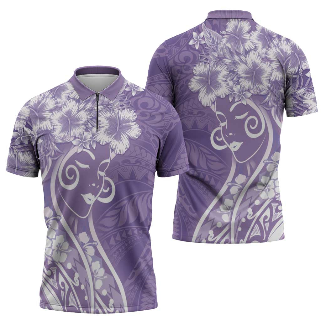 Polynesian Women's Day Zipper Polo Shirt Purple Hibiscus Flowers With Polynesian Pattern