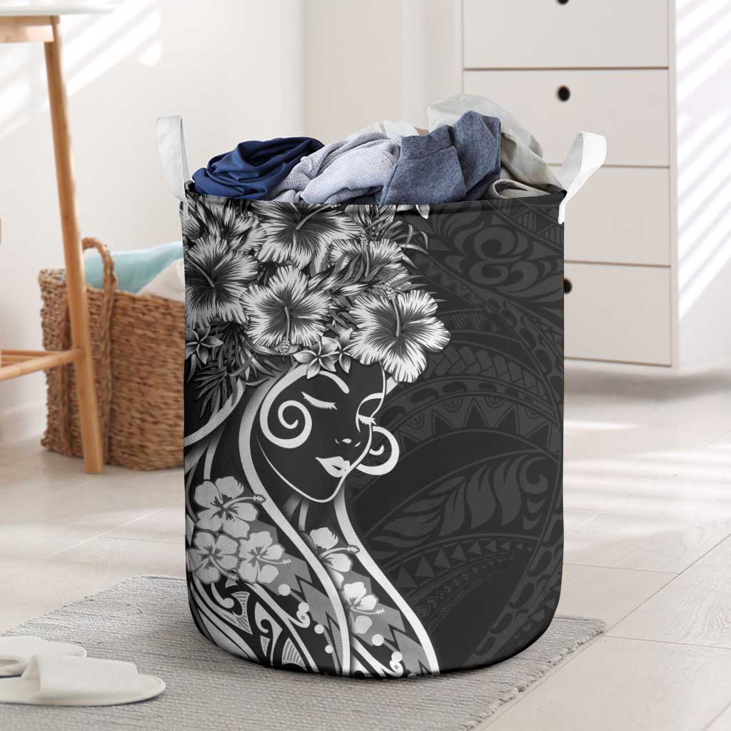 Polynesian Women's Day Laundry Basket Black Hibiscus Flowers With Polynesian Pattern