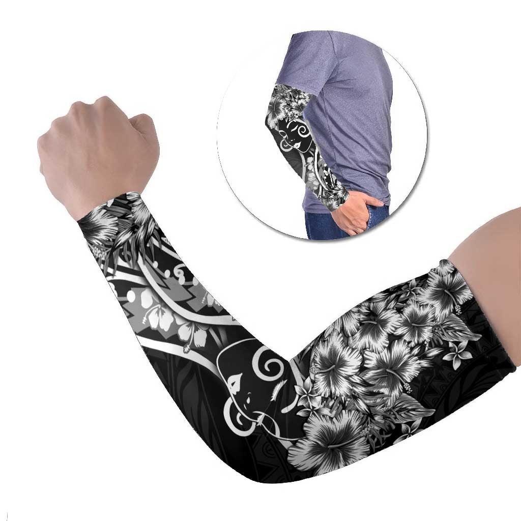 Polynesian Women's Day Arm Sleeves Black Hibiscus Flowers With Polynesian Pattern