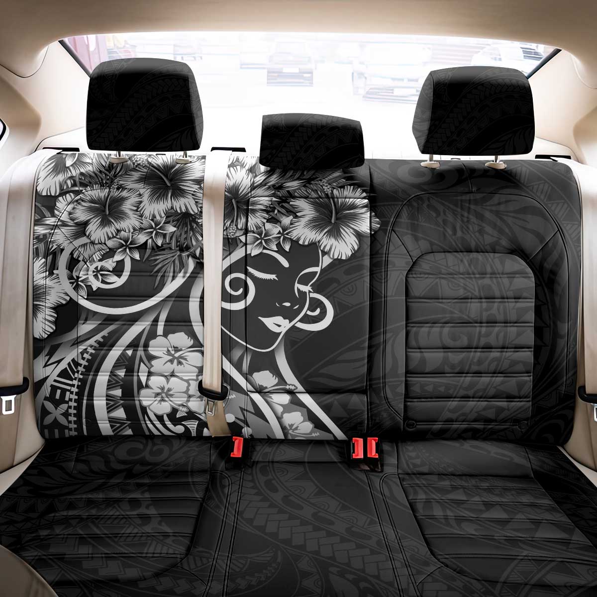Polynesian Women's Day Back Car Seat Cover Black Hibiscus Flowers With Polynesian Pattern