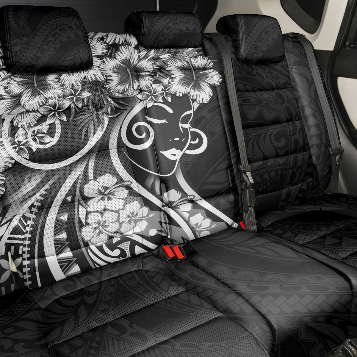 Polynesian Women's Day Back Car Seat Cover Black Hibiscus Flowers With Polynesian Pattern