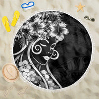 Polynesian Women's Day Beach Blanket Black Hibiscus Flowers With Polynesian Pattern