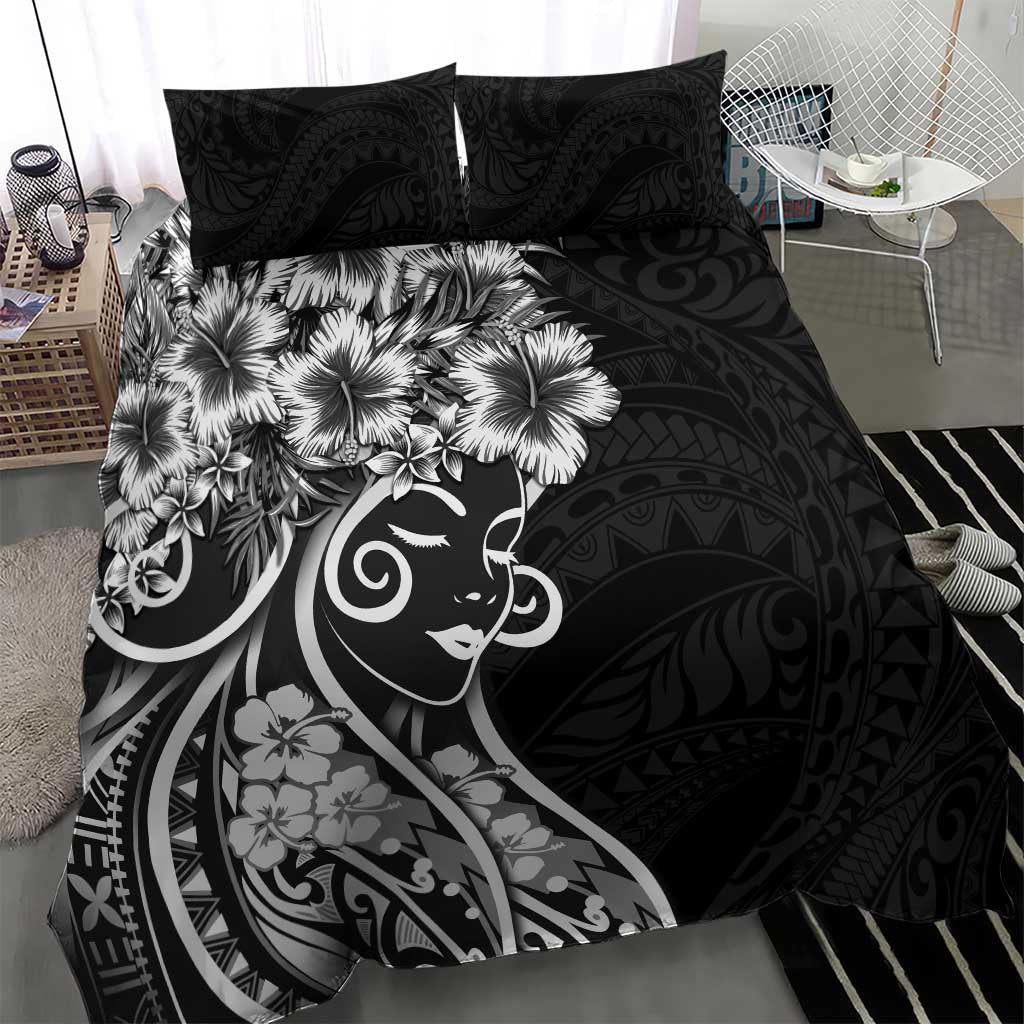 Polynesian Women's Day Bedding Set Black Hibiscus Flowers With Polynesian Pattern