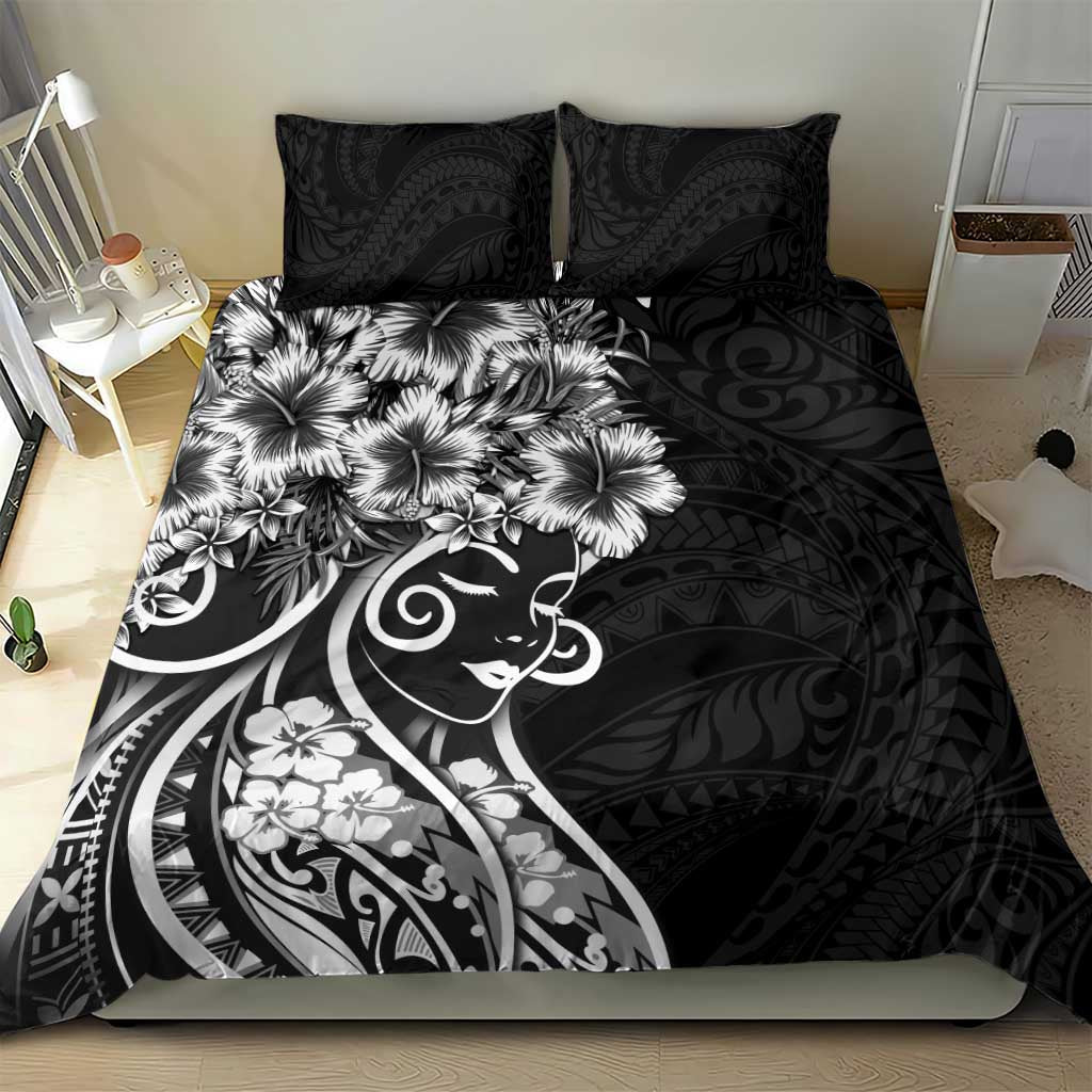 Polynesian Women's Day Bedding Set Black Hibiscus Flowers With Polynesian Pattern