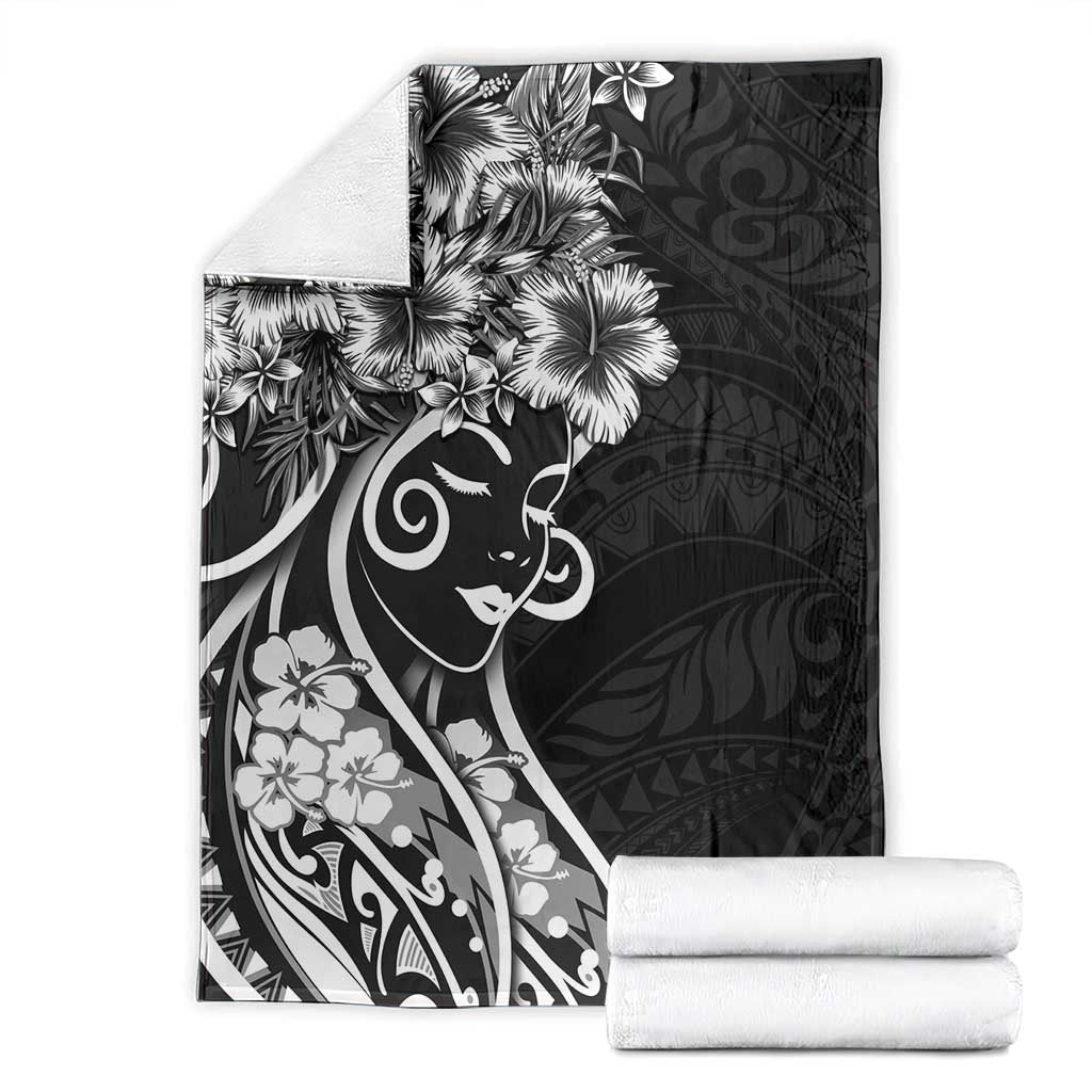 Polynesian Women's Day Blanket Black Hibiscus Flowers With Polynesian Pattern